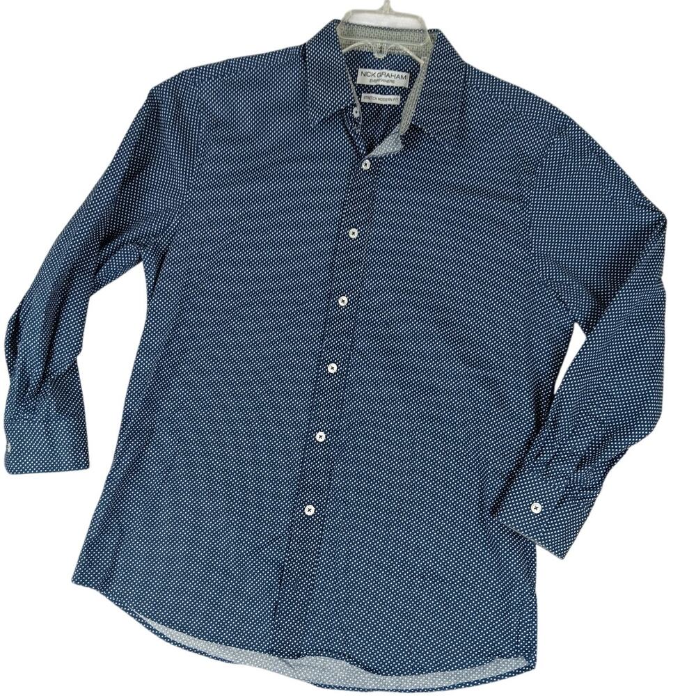 Nick Graham Everywhere Sport Shirt Mens Large Blue/White Polka Dot Party No Tuck - Picture 3 of 11